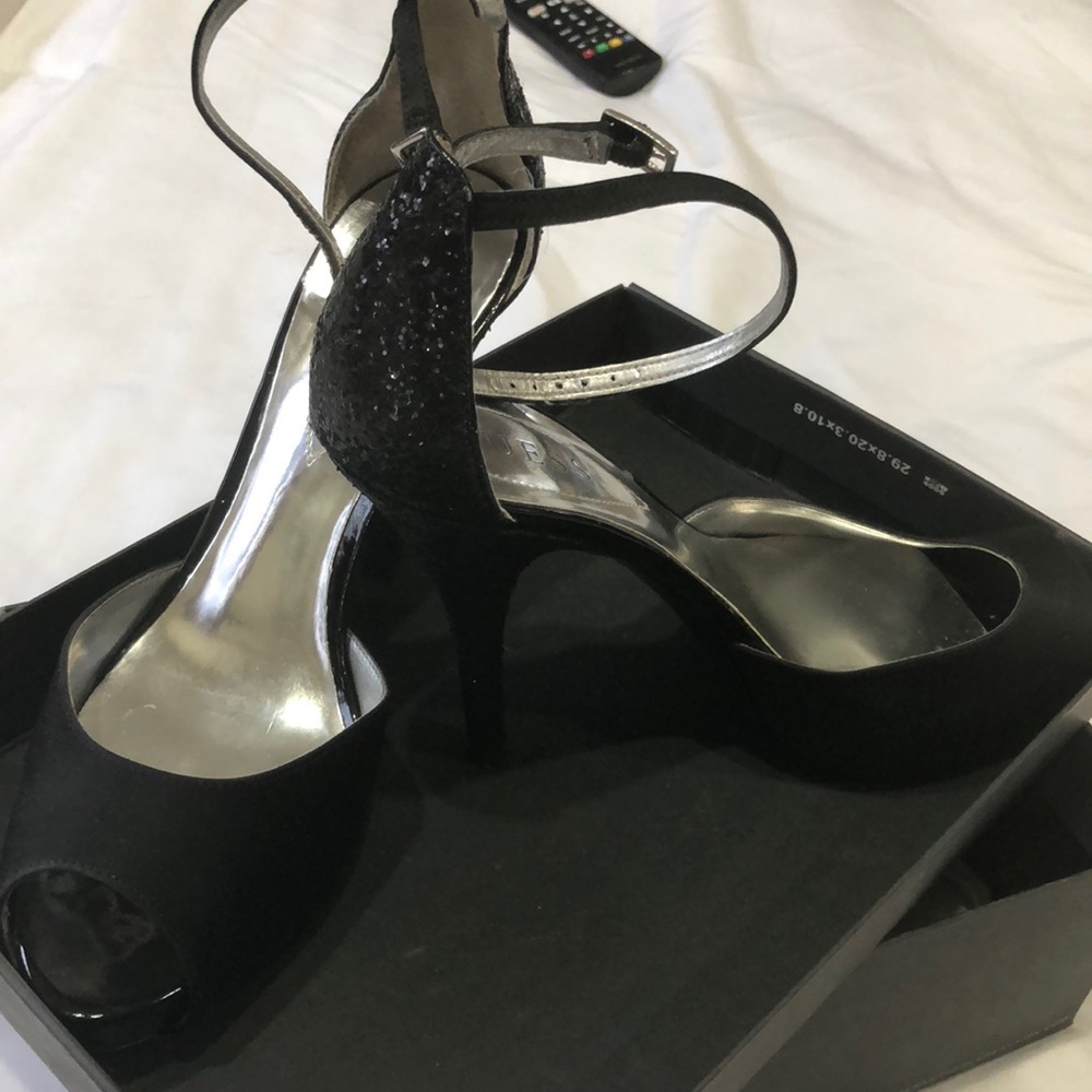 Black satin with glitter heels